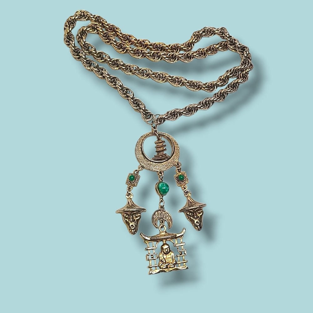 Vintage Pagoda Buddha Charm Necklace Faux Jade Glass Cab Chinoiserie Revival